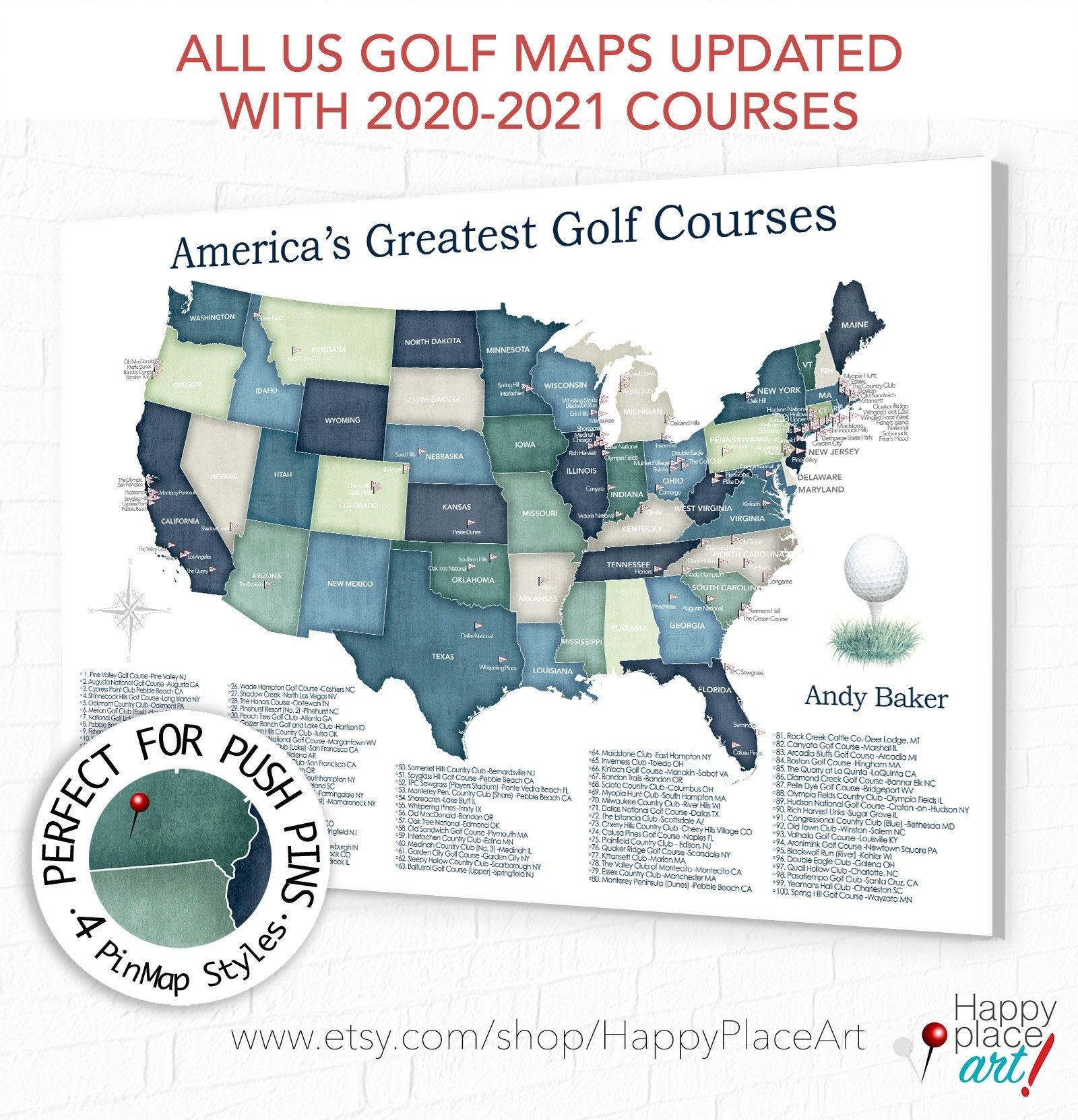 Top 100 Golf Courses Map Of Usa, Gift For Dad, Personalized Golf throughout Map of Best Golf Courses In USA