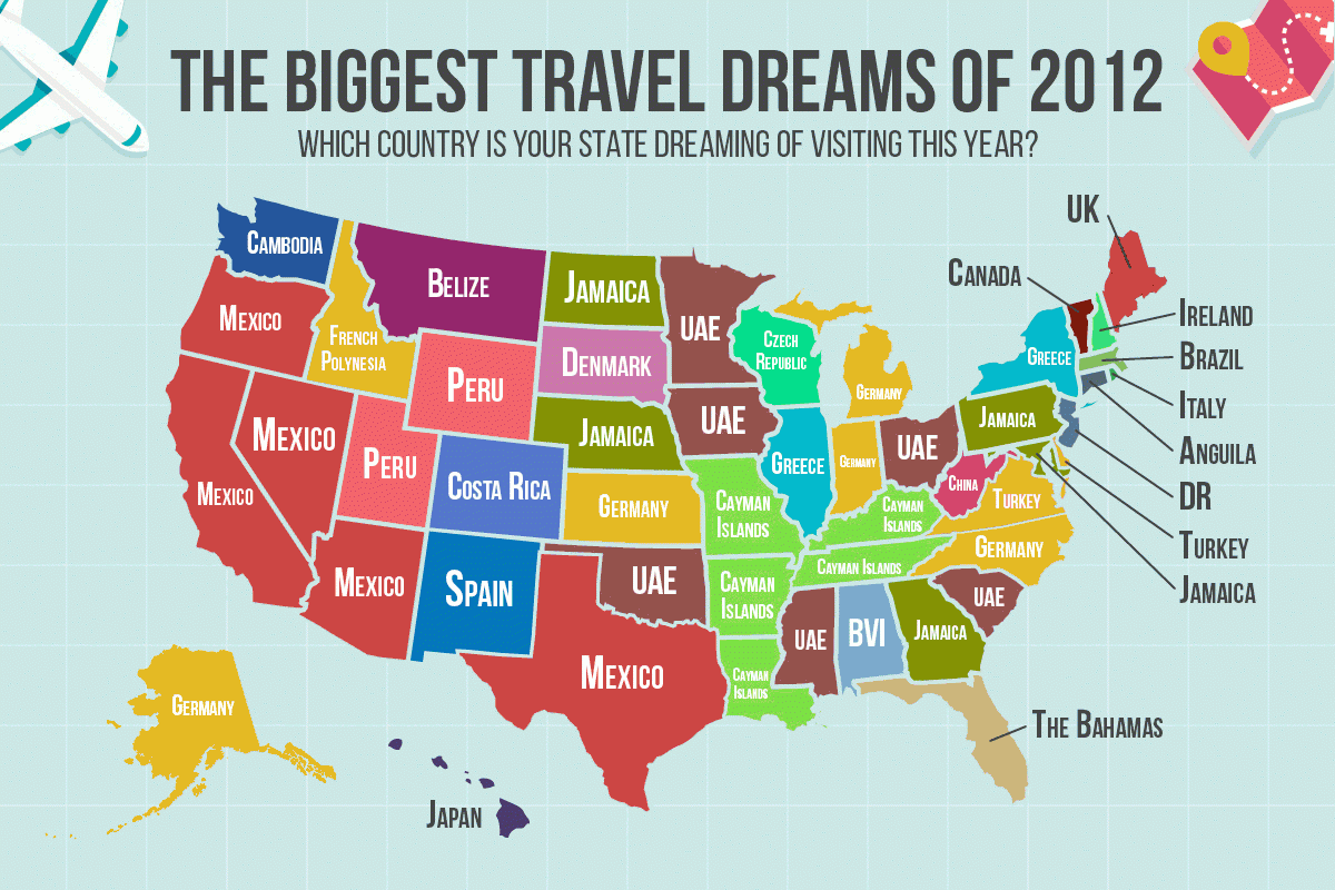 Top Desired Travel Destination For Each U.s. State (2012 - 2017 intended for Map of Vacation Spots In USA