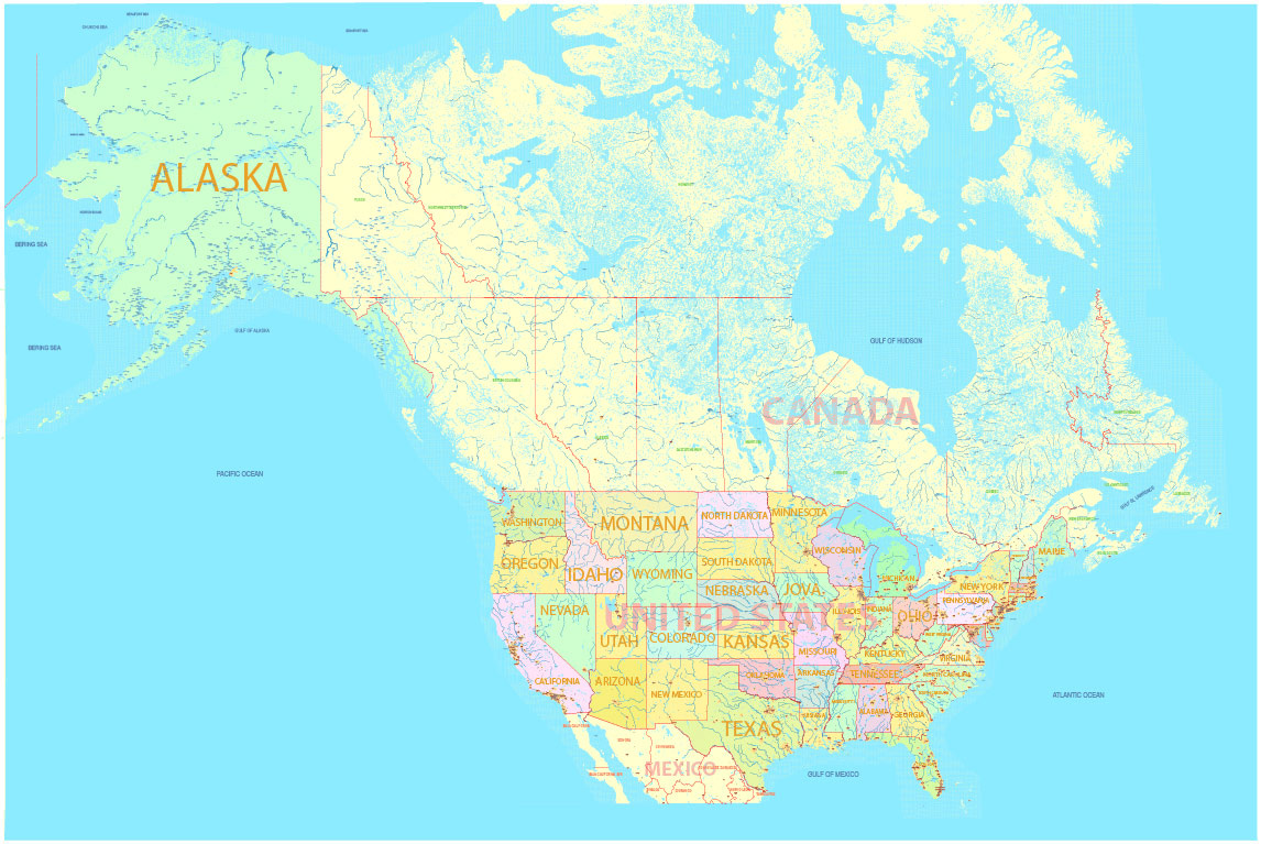 United States And Canada Printable Map 01 02 With All Roads, Cities, States, All Names, Exact Vector Map, V.7. Fully Editable, Adobe Illustrator inside Map of USA and Canada with Cities