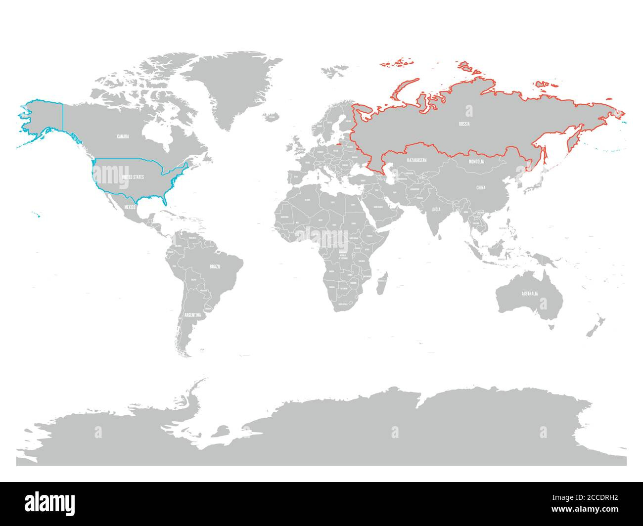 United States And Russia Highlighted On Political Map Of World for World Map Of Usa And Russia