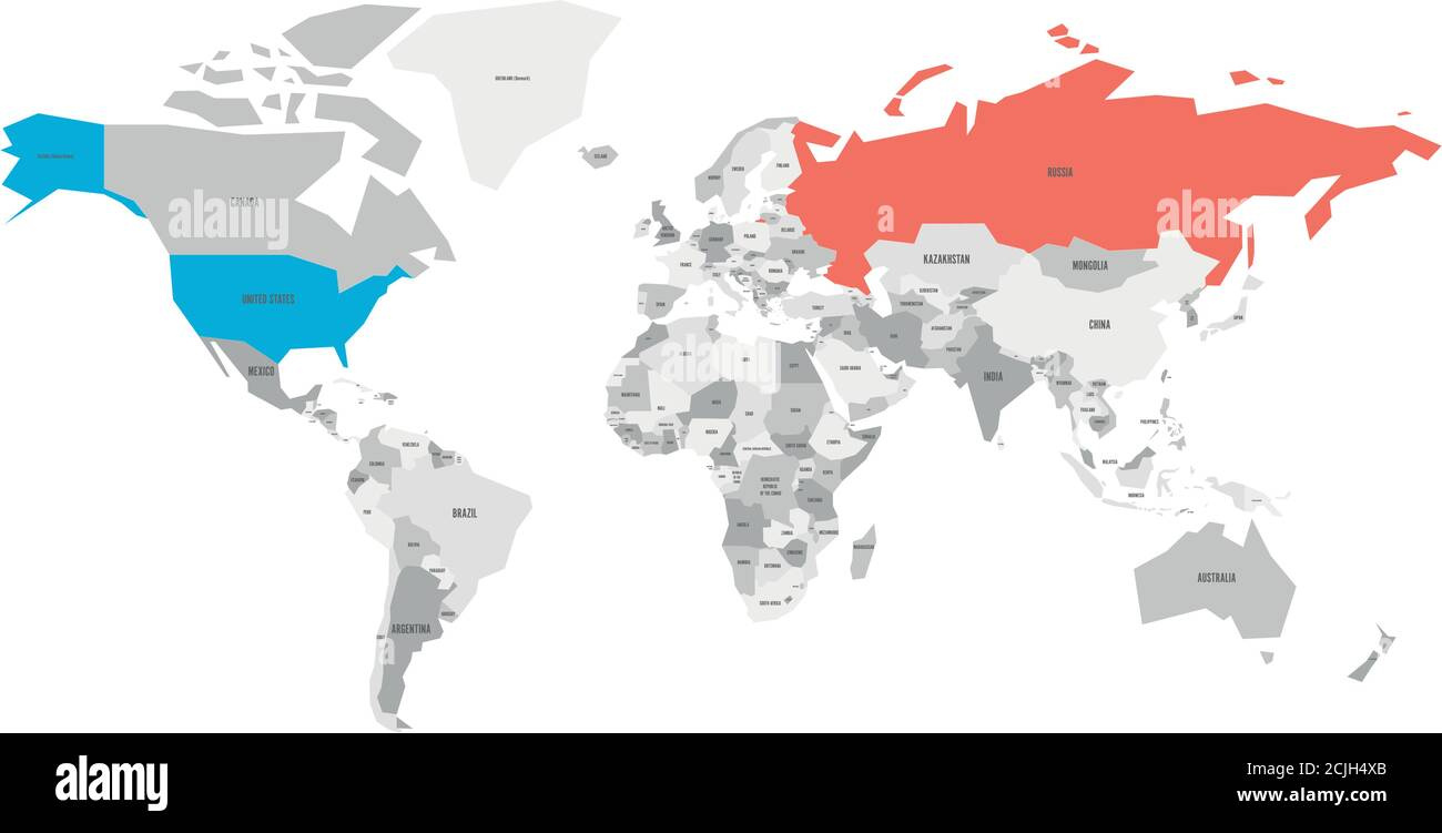 United States And Russia Highlighted On Political Map Of World with regard to World Map of USA and Russia