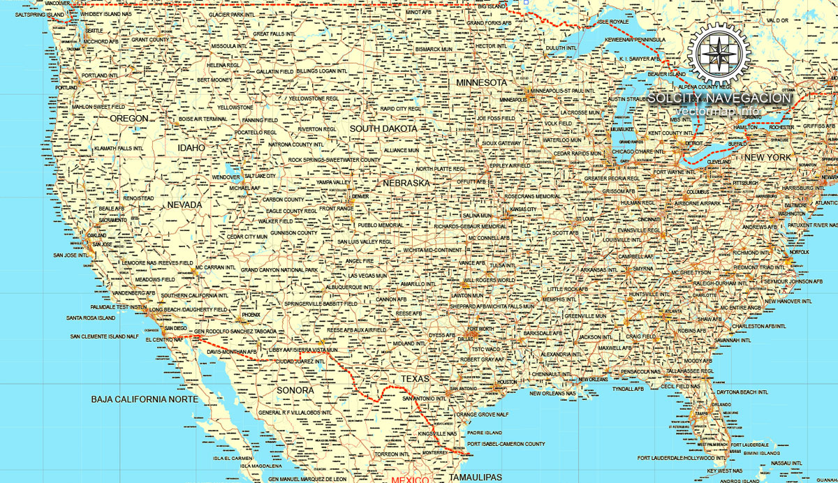 United States + Canada Printable Vector Counrty Road Map 01 02 Gps Correct Mercator Projection Editable Adobe Illustrator in Road Map of USA and Canada