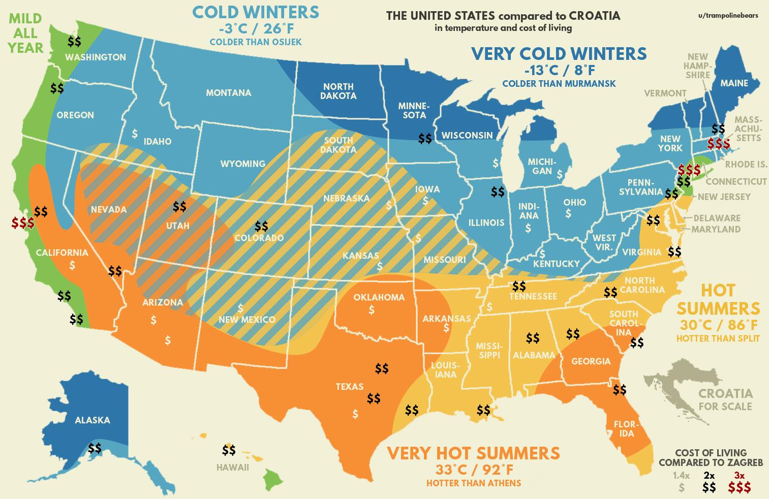 United States Compared To Croatia (Temperature And Cost Of Living with regard to Cost Of Living Heat Map Usa