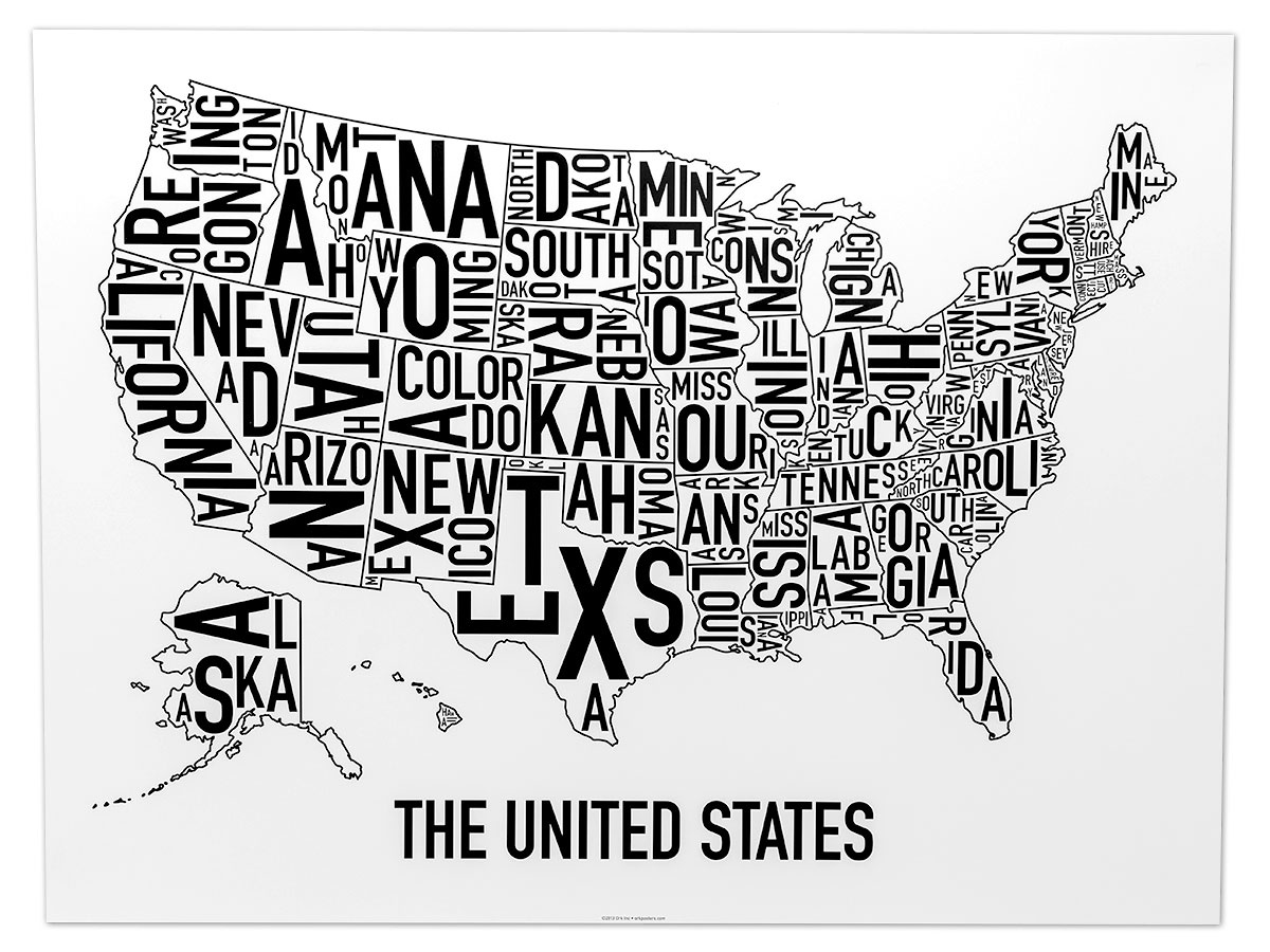 United States Map 24&amp;quot; X 18&amp;quot; Classic Black &amp;amp; White Poster with Black And White Map Of Usa With State Names