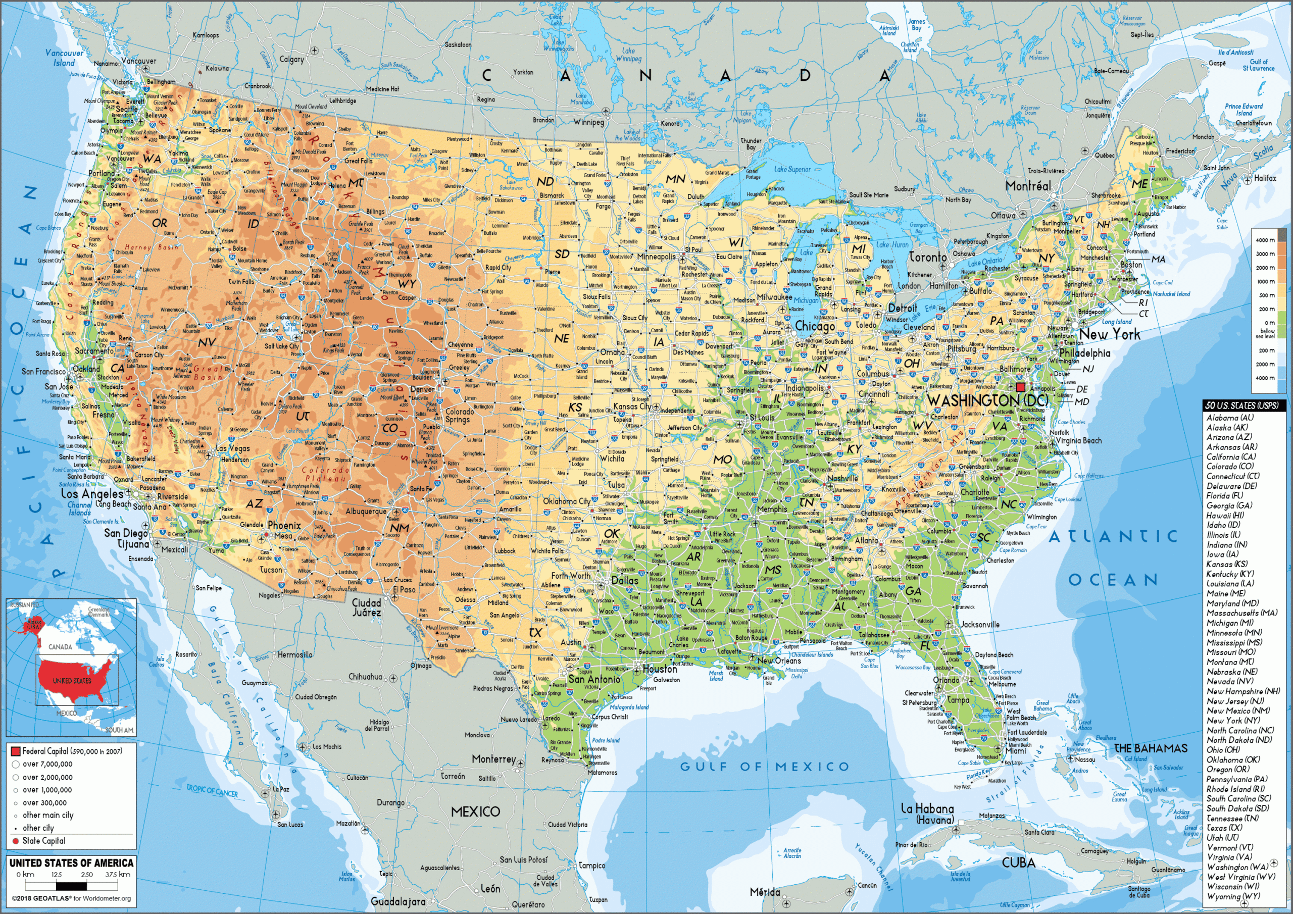 United States Map (Physical) - Worldometer with regard to Physical and Political Map of USA