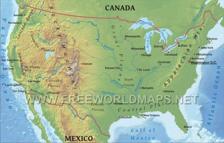 Map of USA with Rocky Mountains