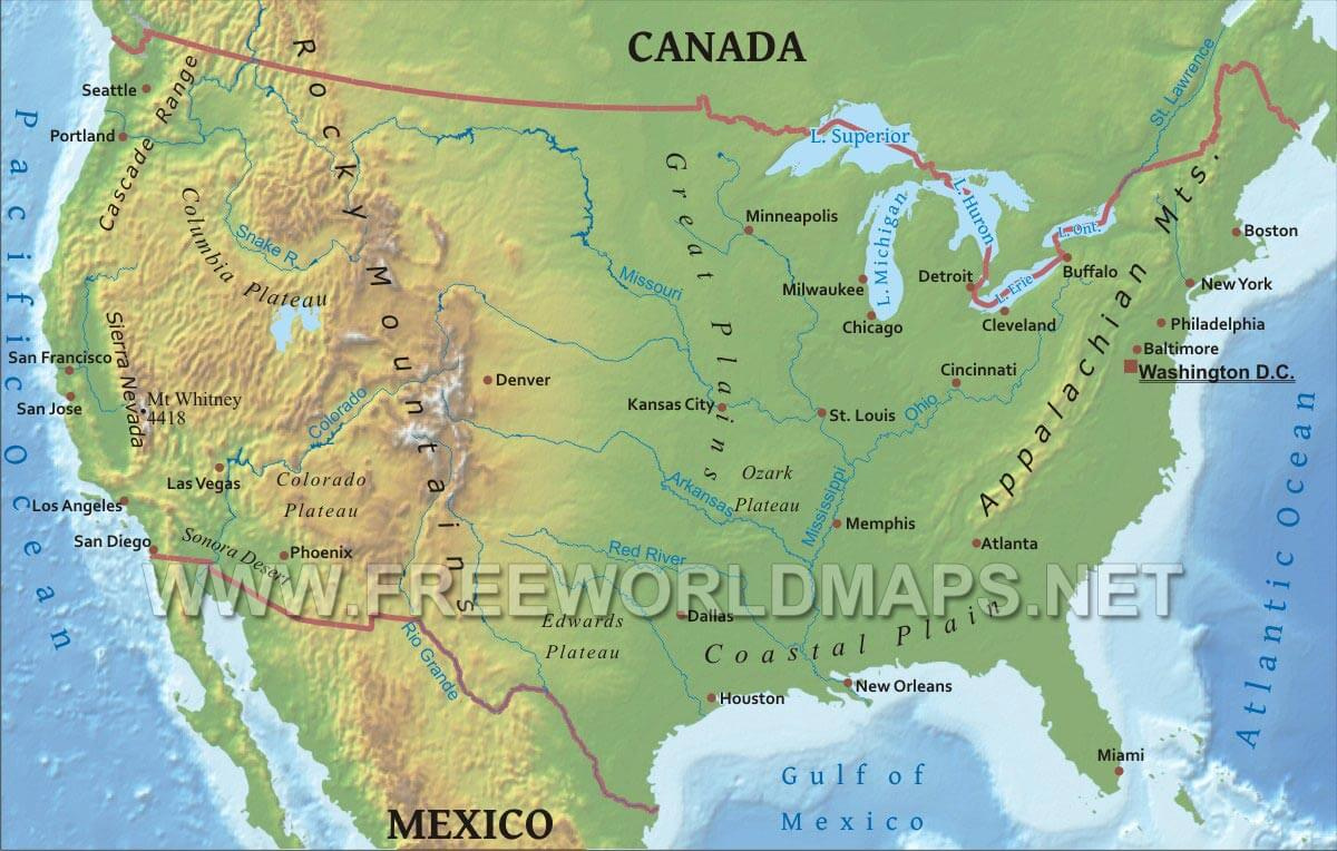 United States Physical Map with Map Of The Usa With Rivers And Mountains