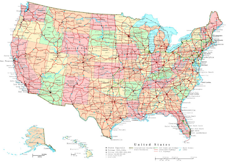 Free Road Map of USA with States and Cities
