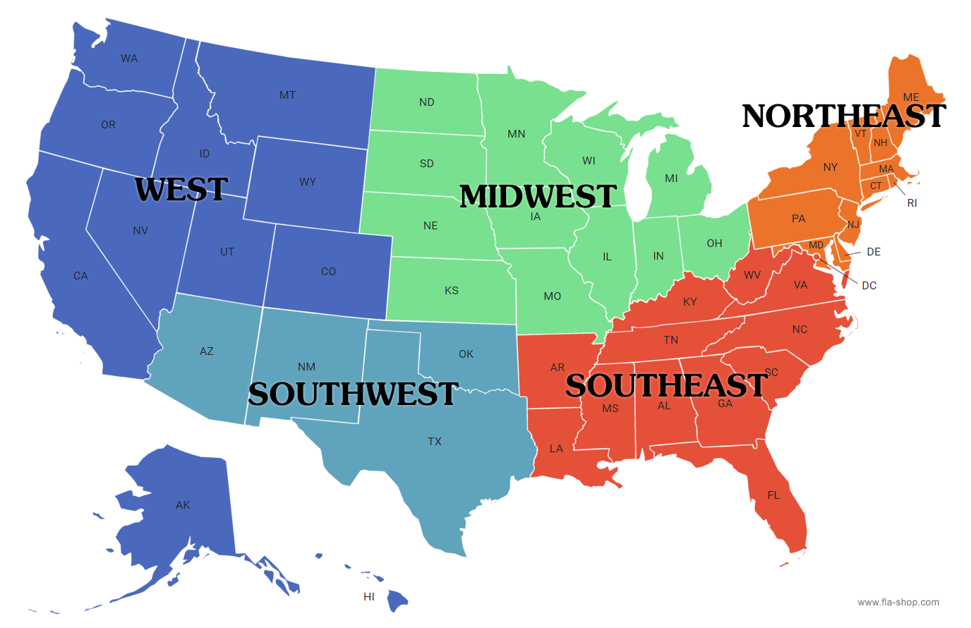United States Region Maps - Fla-Shop in Map of the Regions of the USA