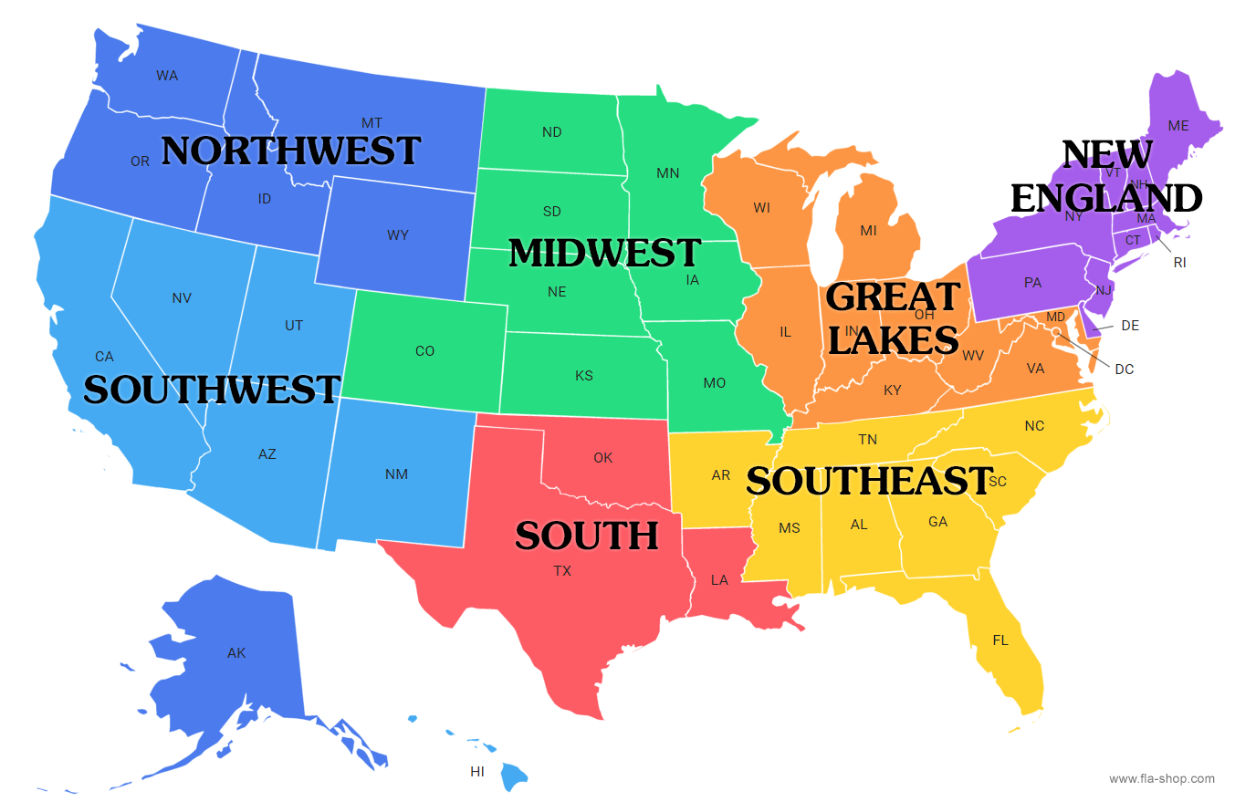 United States Region Maps - Fla-Shop inside Map Of Usa Divided Into Regions