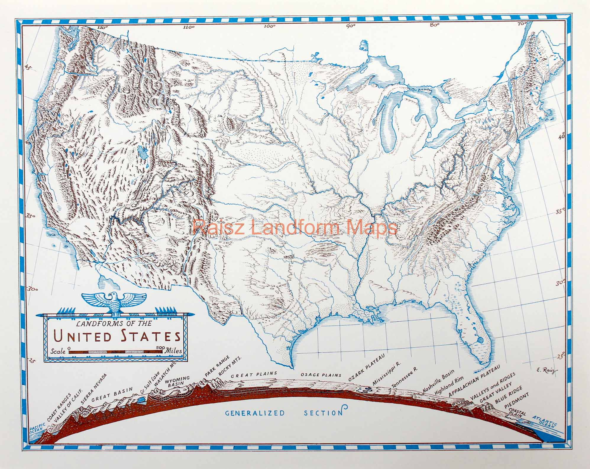 United States With Generalized Section – Raisz Landform Maps for Map Of The Usa With Landforms