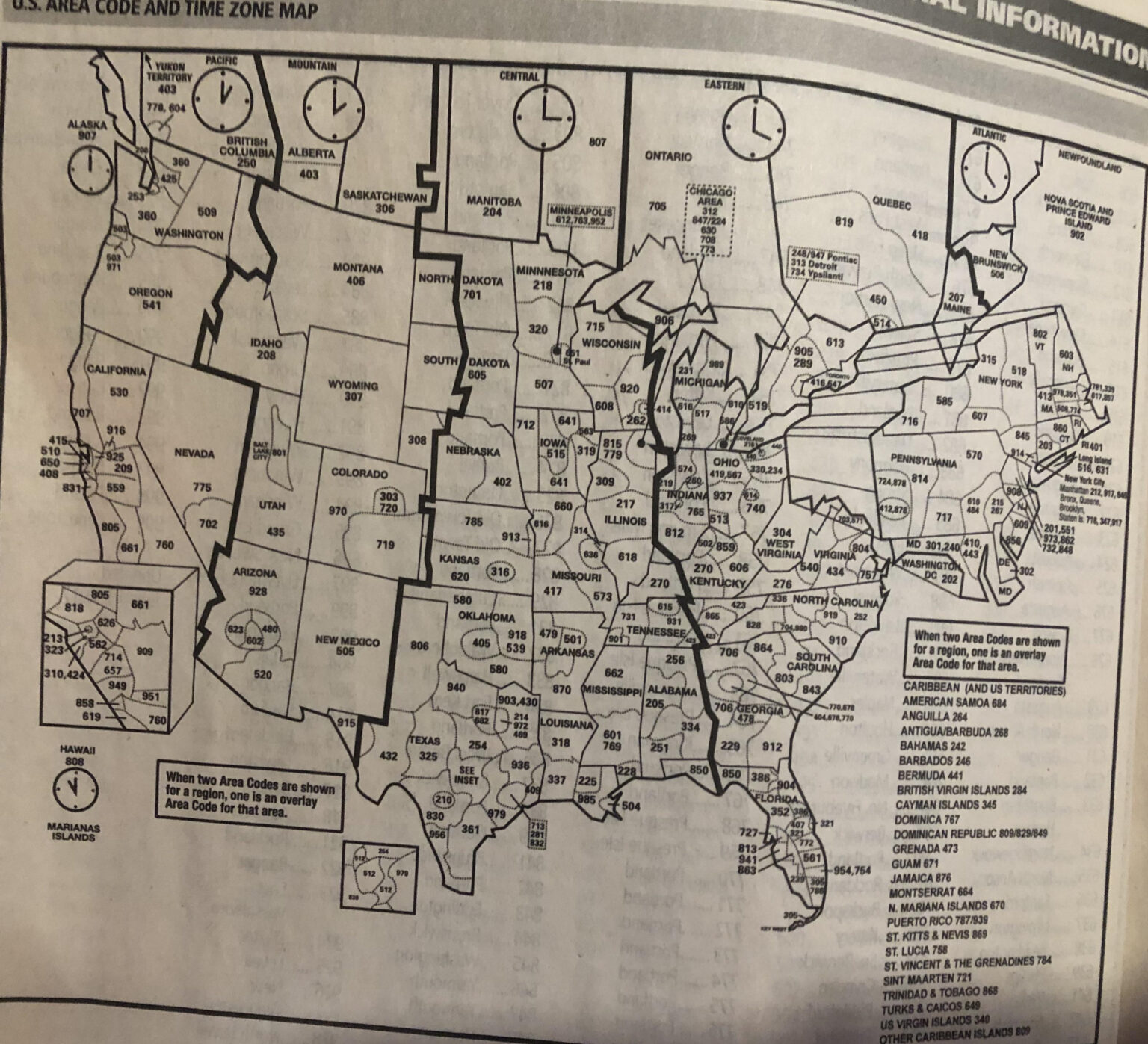 Map of USA with Time Zones and Area Codes