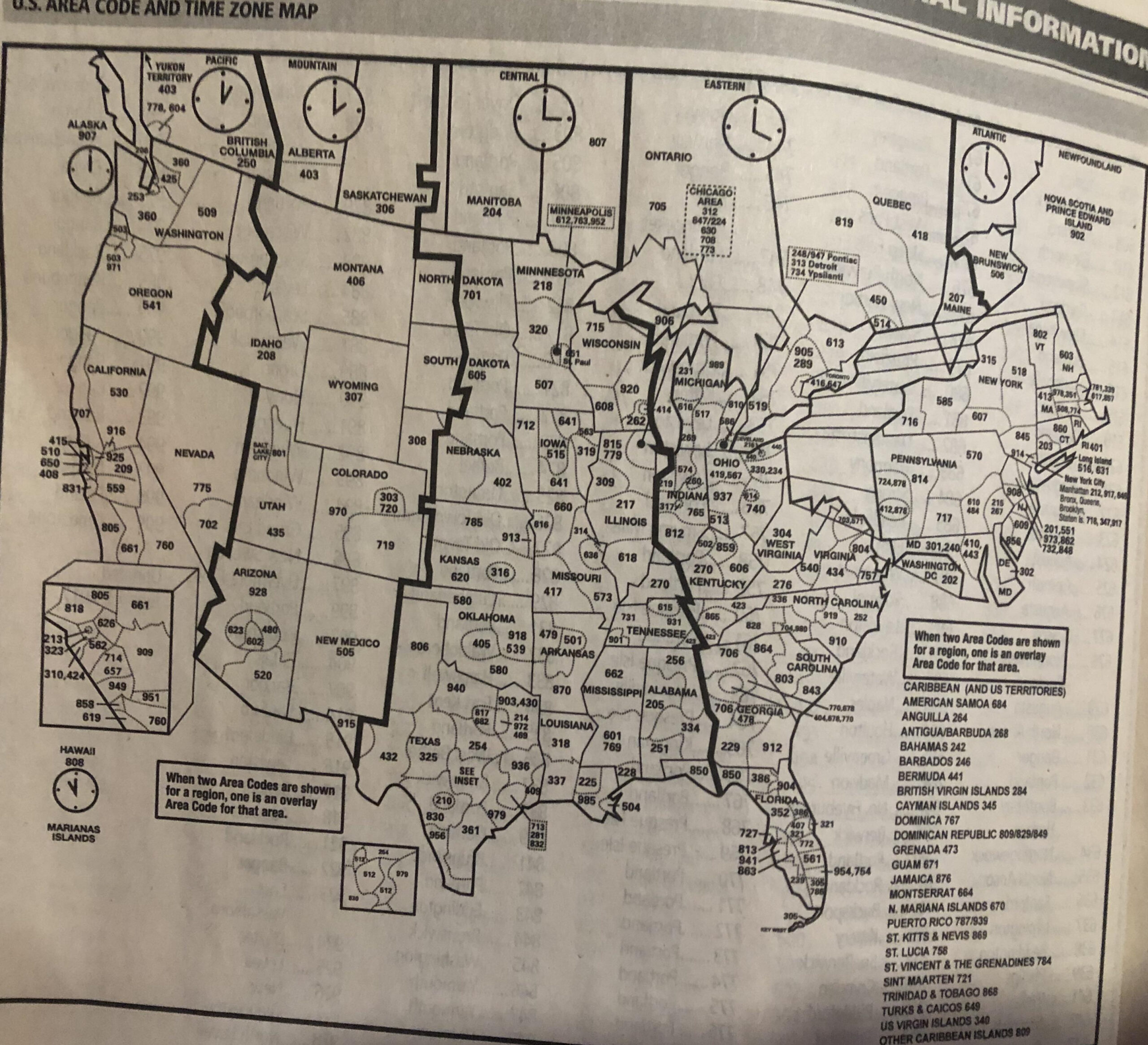 Us Area Codes And Time Zone Map. Photo From An Old Phone Book. : R with Map of USA with Time Zones and Area Codes