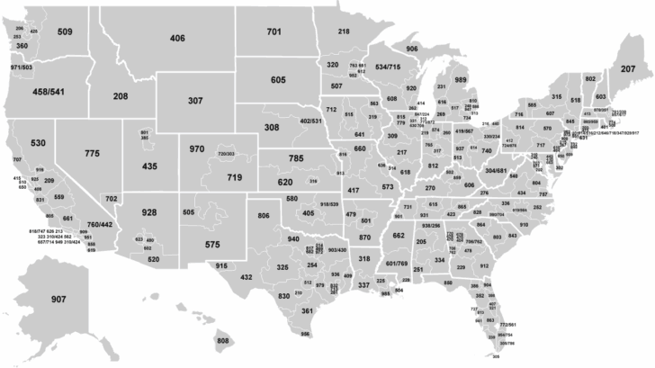 Telephone Area Code Map of USA