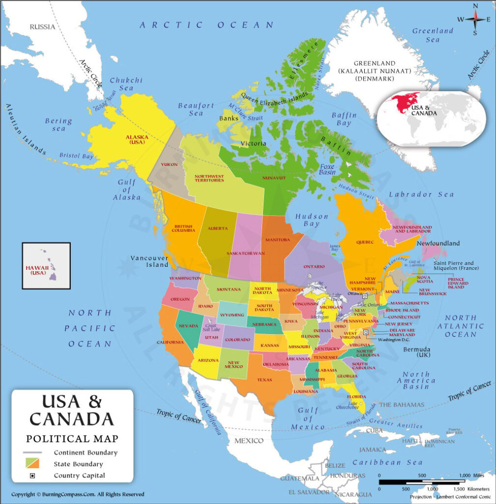 Map of Canada and USA with States and Provinces