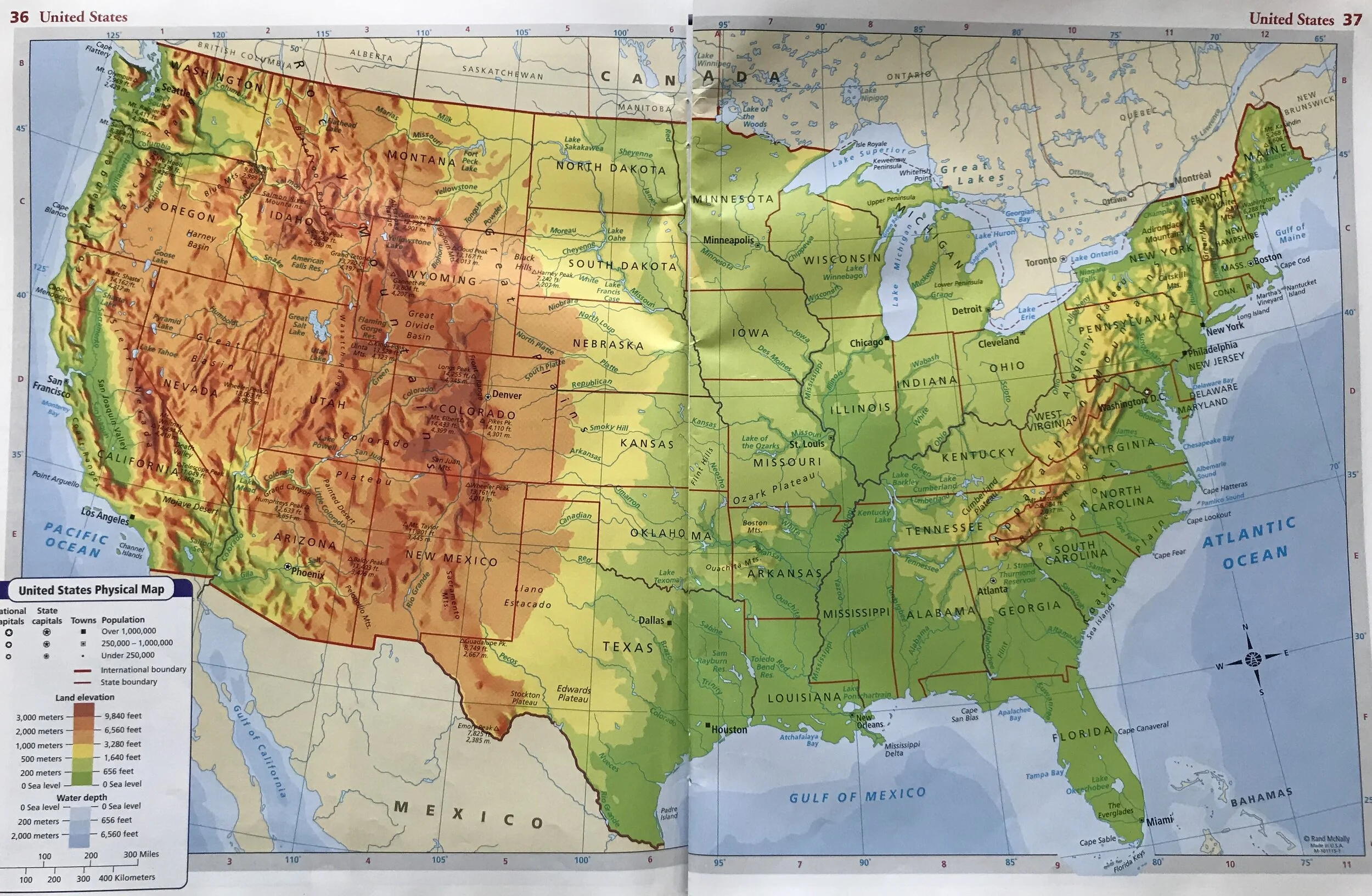 Us/Canada — World Geo 8 in Physical Map of USA with Key