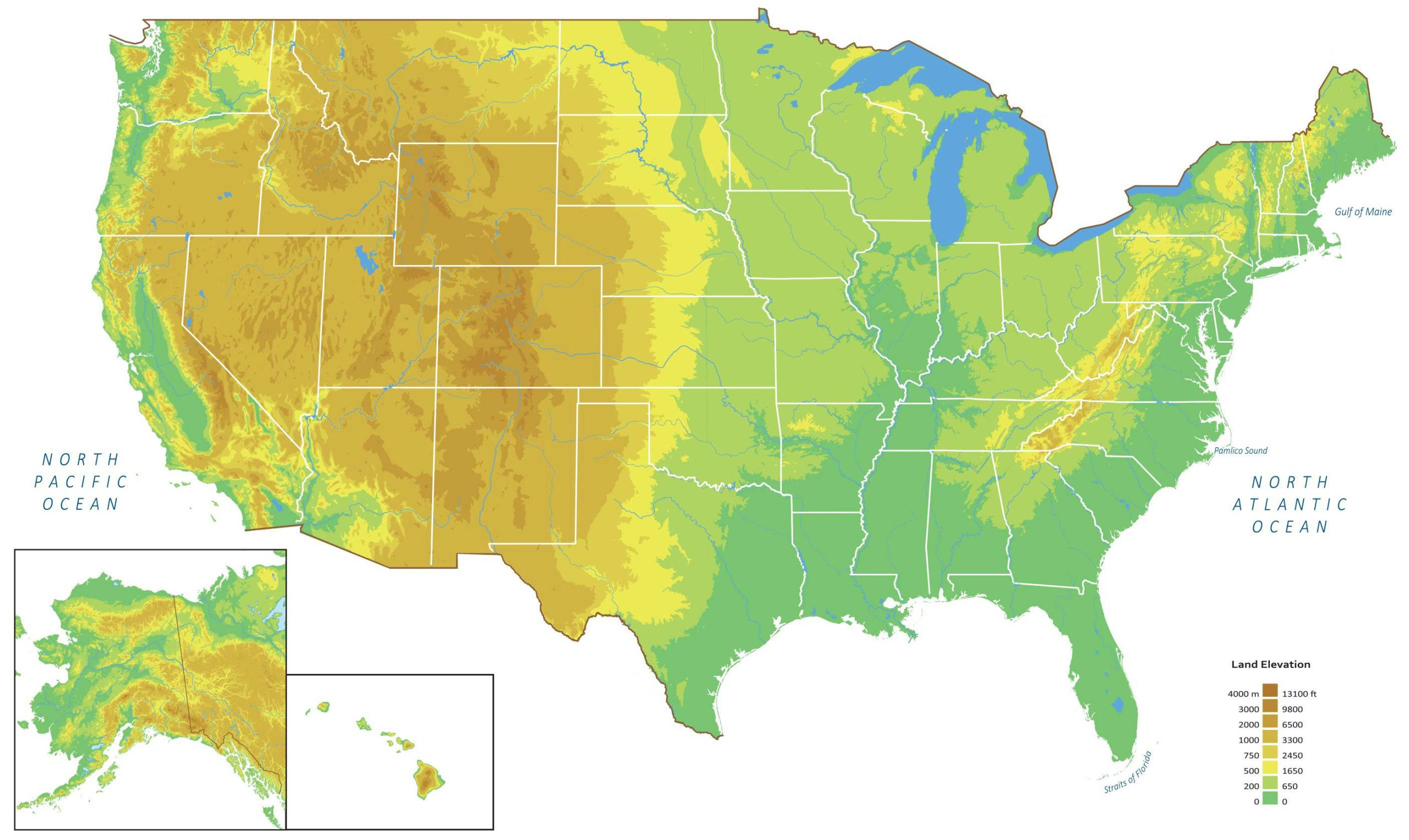 Us Elevation Map And Hillshade - Gis Geography inside Elevation Map of USA with Key