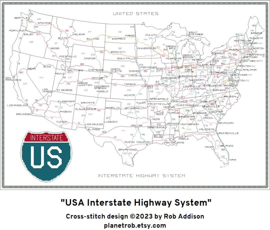 Us Interstate Road Landkarte Kreuzstich-Muster (Pdf Download inside Map Of Usa With Interstate Highways And Cities
