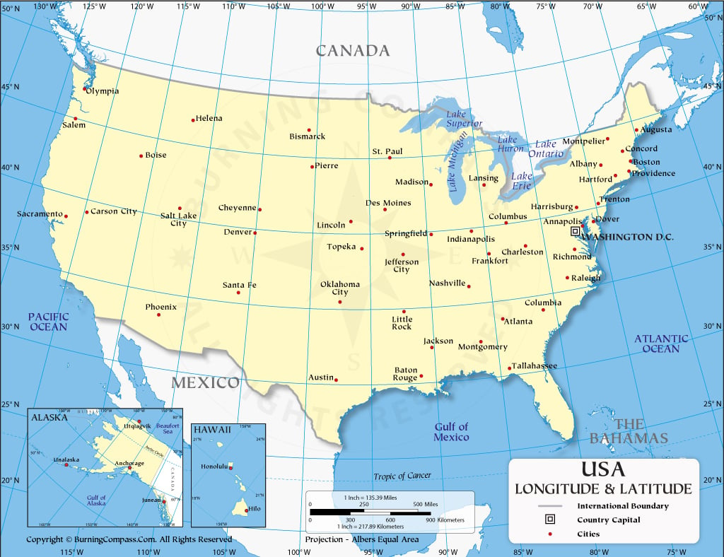 Us Latitude And Longitude Map With Cities inside Latitude Map Of Usa And Canada