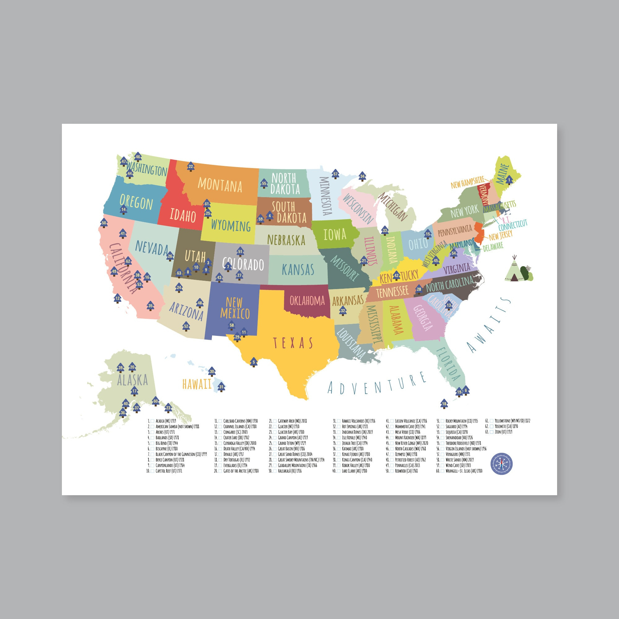 Us National Parks Karte: Abenteuer, Kinderzimmer Dekoration throughout National Parks On Map of USA