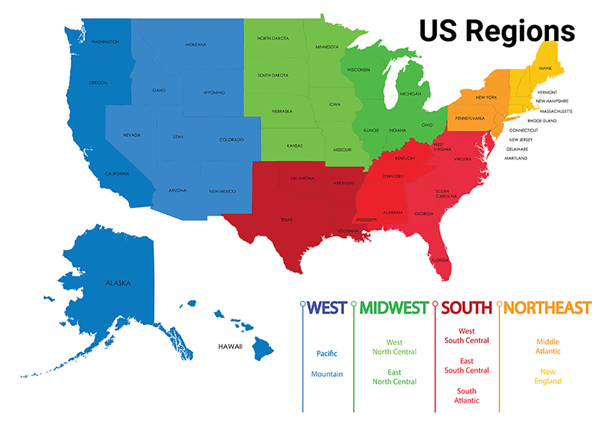 Us Regions List And Map – 50States throughout Map of USA with Regions Outlined