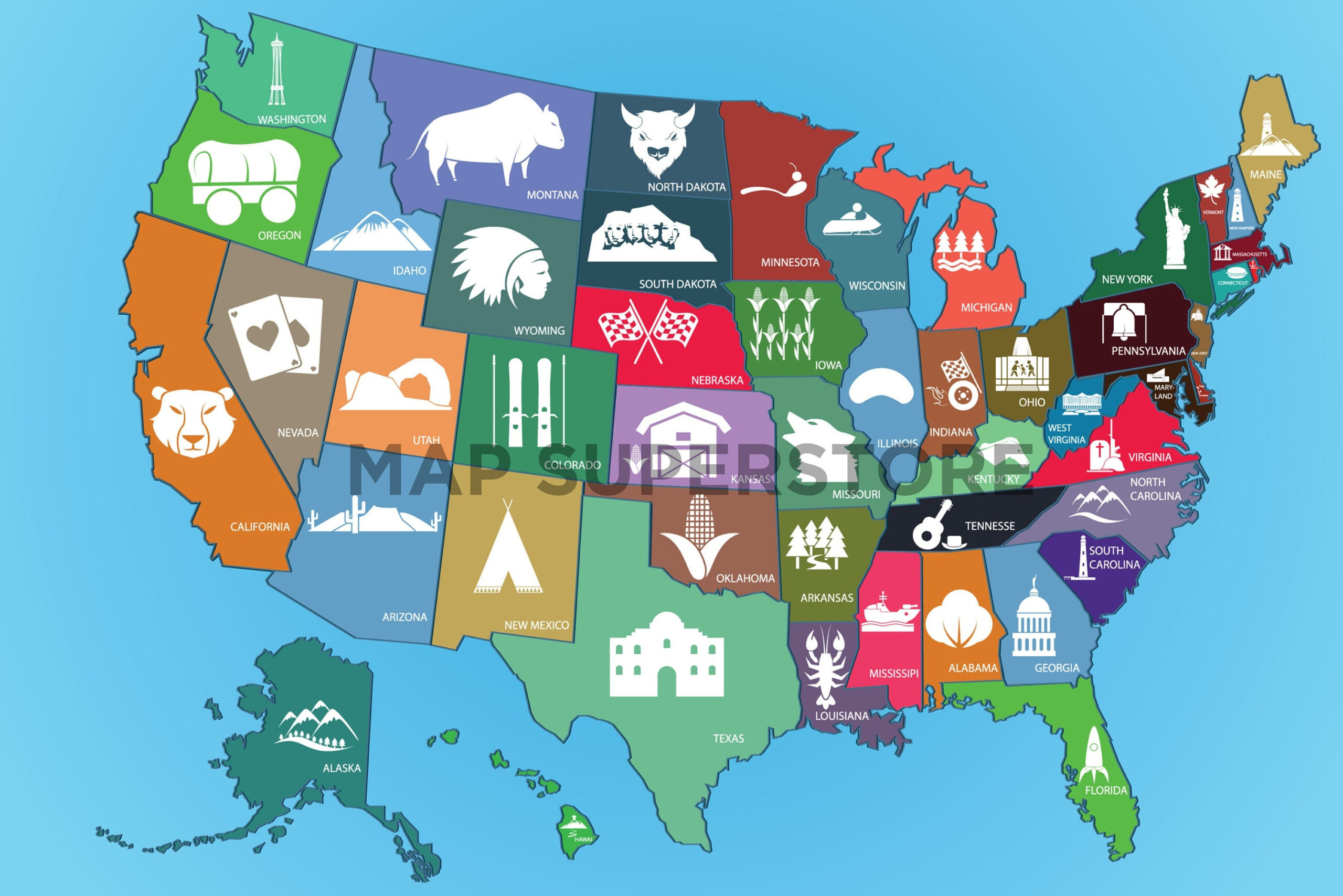 Us State Map Print: Iconic Landmarks, Colorful American Poster inside USA Map with Points of Interest