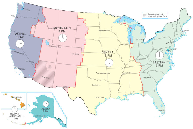 Map of Time Zones USA with Cities