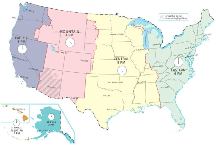 Time Zone Map of USA with Cities