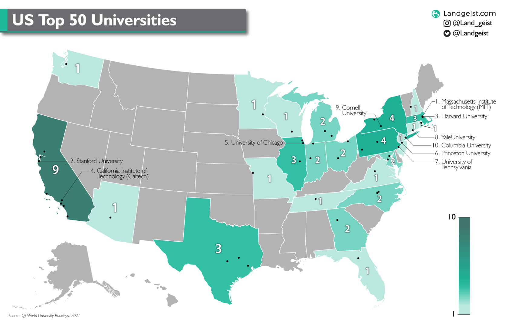 Us Top 50 Universities – Landgeist inside Map of Major Universities In USA
