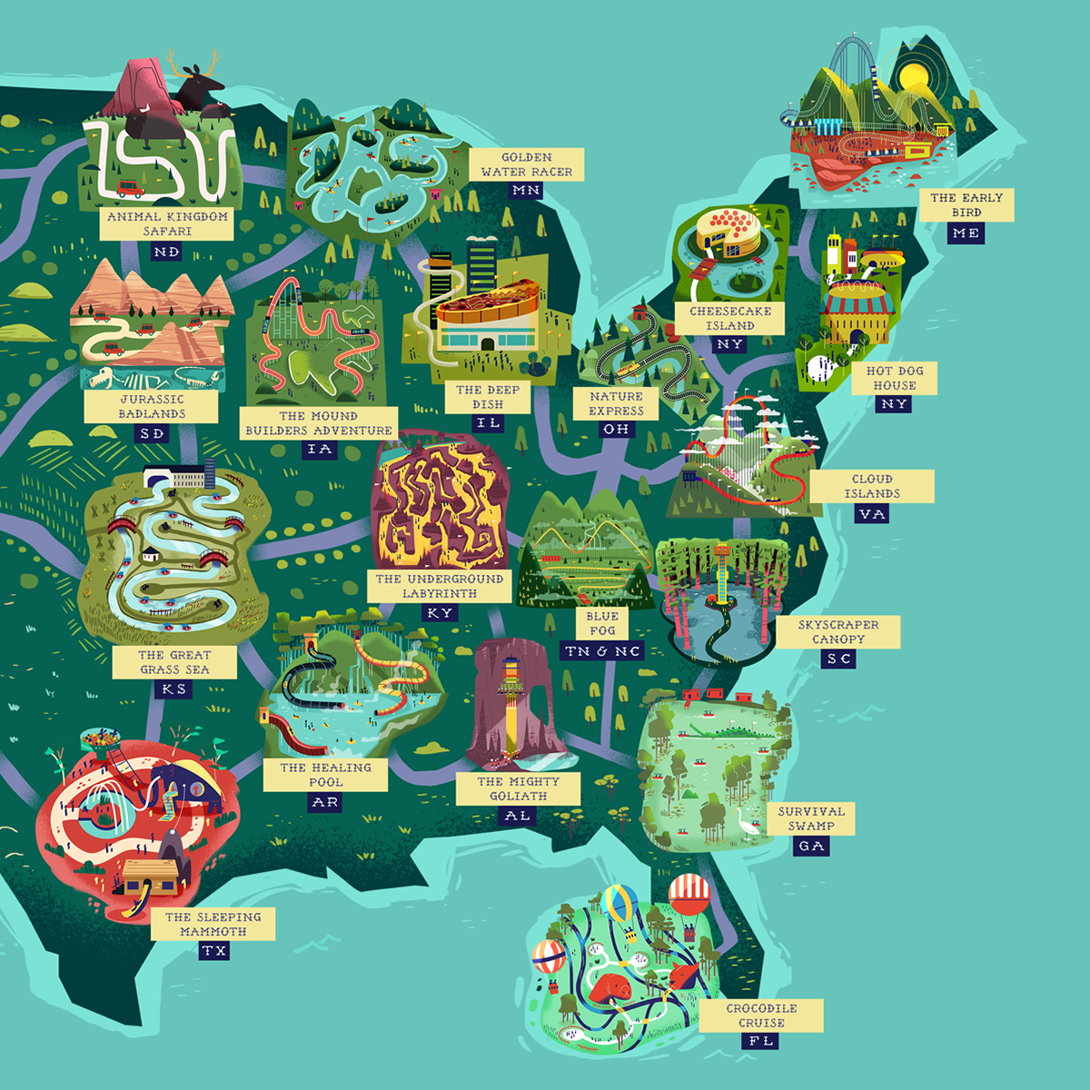 Usa As A Theme Park Map:::elias Sounas On Dribbble throughout Map of Theme Parks In USA