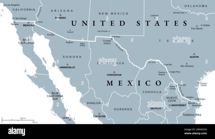 Map of USA and Mexico Border