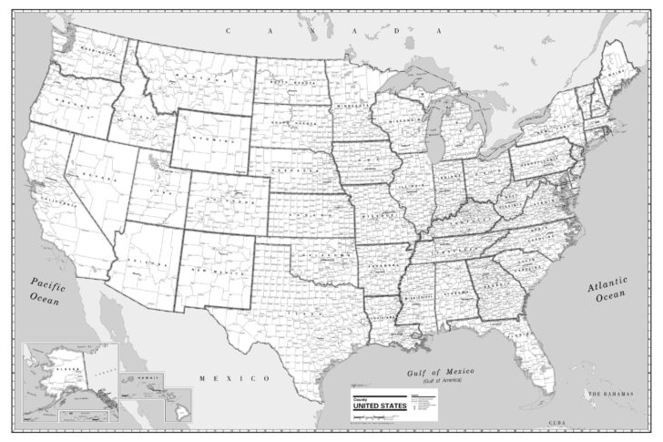 Black and White Map of USA with Cities