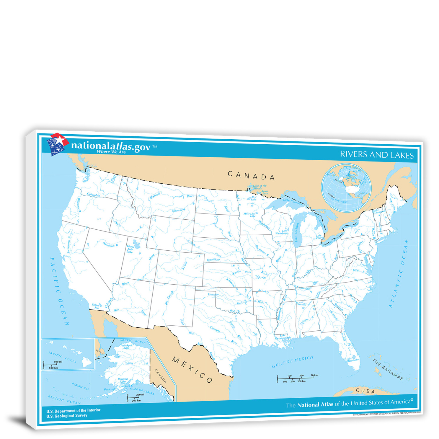 Usa-National Atlas Rivers And Lakes Map, 2022 - Canvas Wrap with Map Of Usa With Lakes And Rivers