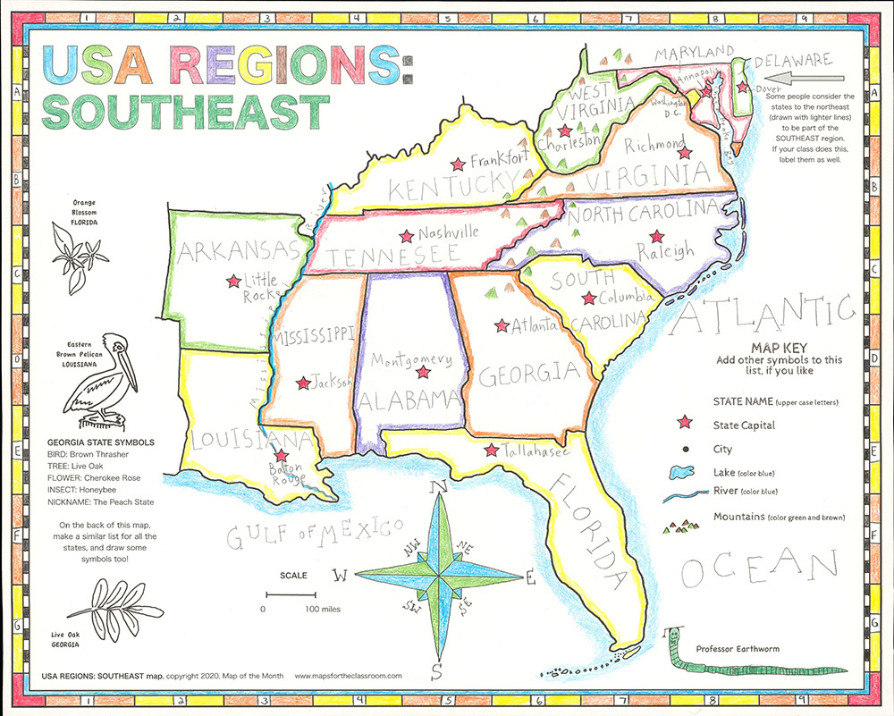 Usa Regions – Southeast for Map Of Usa With Compass Rose