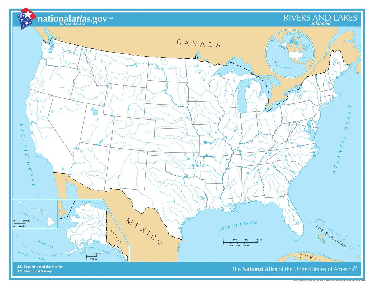 Usa Rivers And Lakes (Unlabeled) Laminated Wall Map for Map of USA with Lakes and Rivers