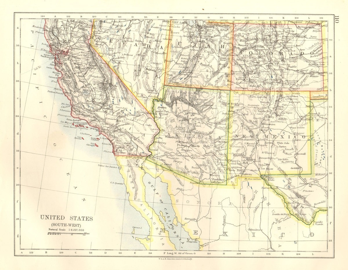 Usa South West. California Arizona Nm Colorado Utah Nevada. Johnston 1920 Map regarding Map Of Nevada And Arizona Usa