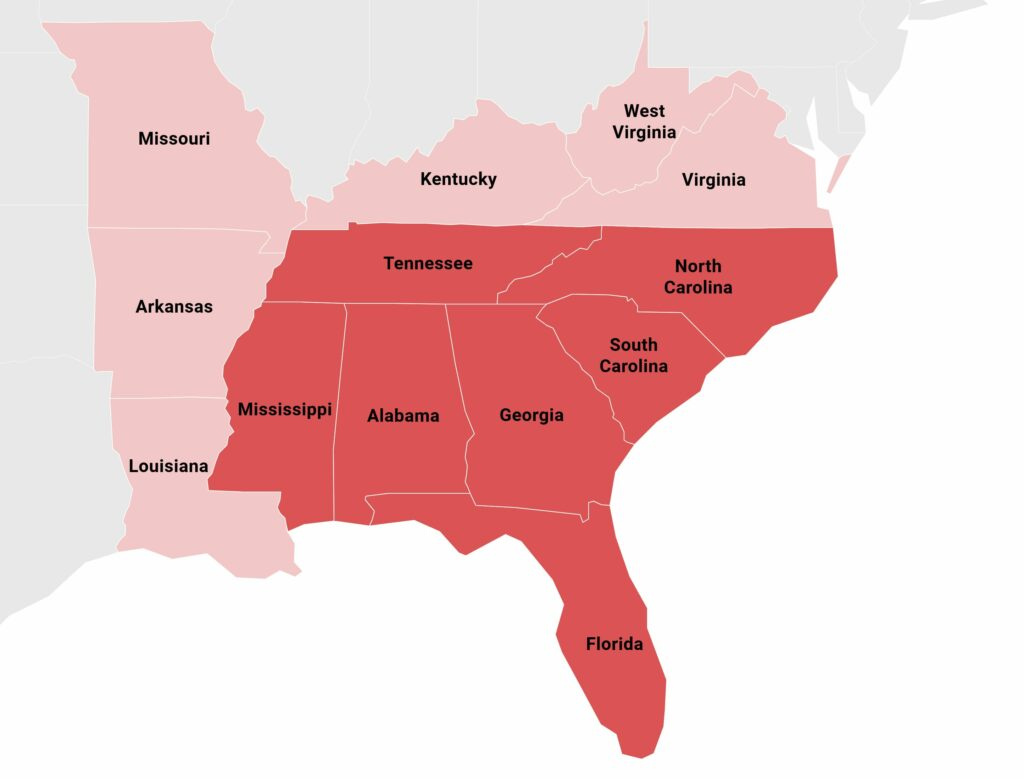 Usa Southeast Region Map—Geography, Demographics And More | Mappr throughout Map Of South East Coast Usa