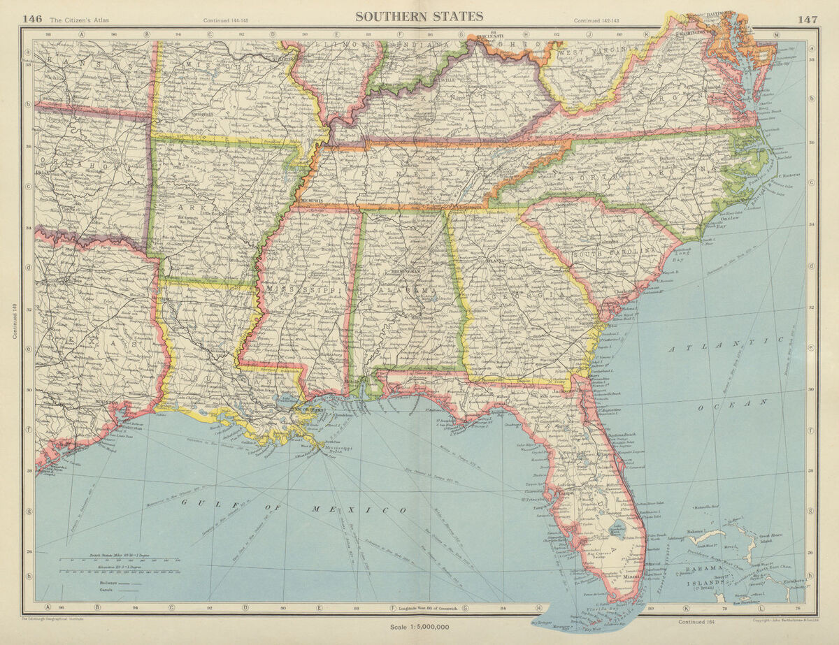 Usa Southern States Florida Georgia La Ms Al Nc Sc Tn Ar Ky Bartholomew 1947 Map intended for Map Of Florida And Georgia Usa