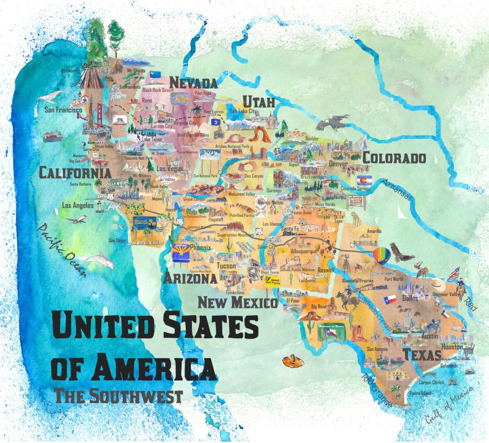 Usa Southwest States Travel Poster Map - Dreaming Of Arizona, Utah with Map of Nevada and Arizona USA