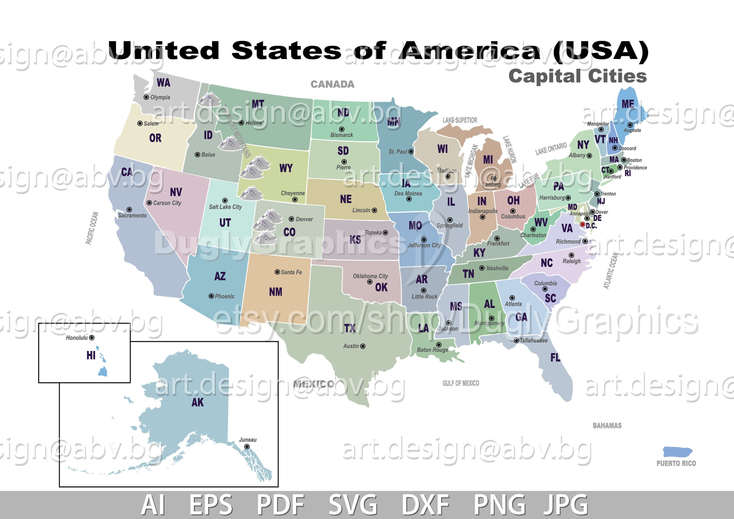 Usa State Capital Map: Vector Graphic (Digital Download) - Etsy throughout Map Of Usa With Capitals And Abbreviations