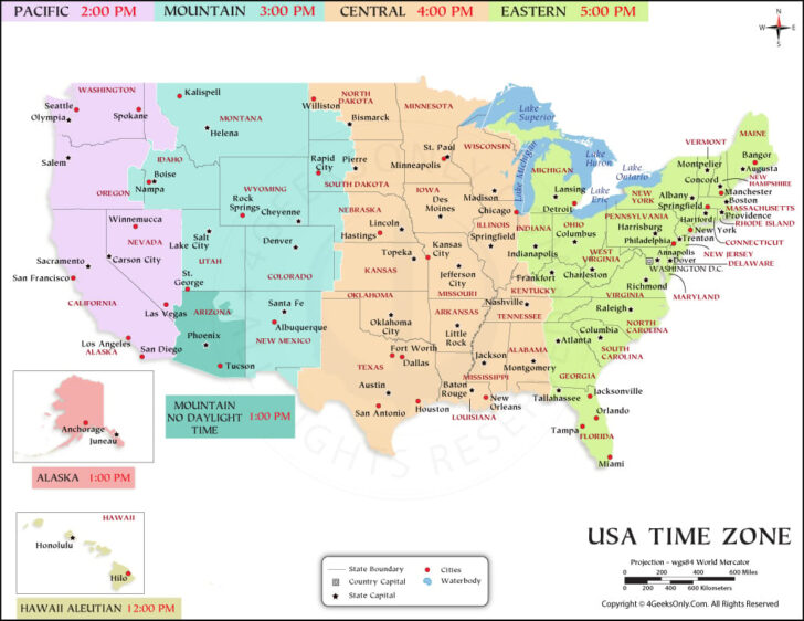 State Map of USA with Time Zones