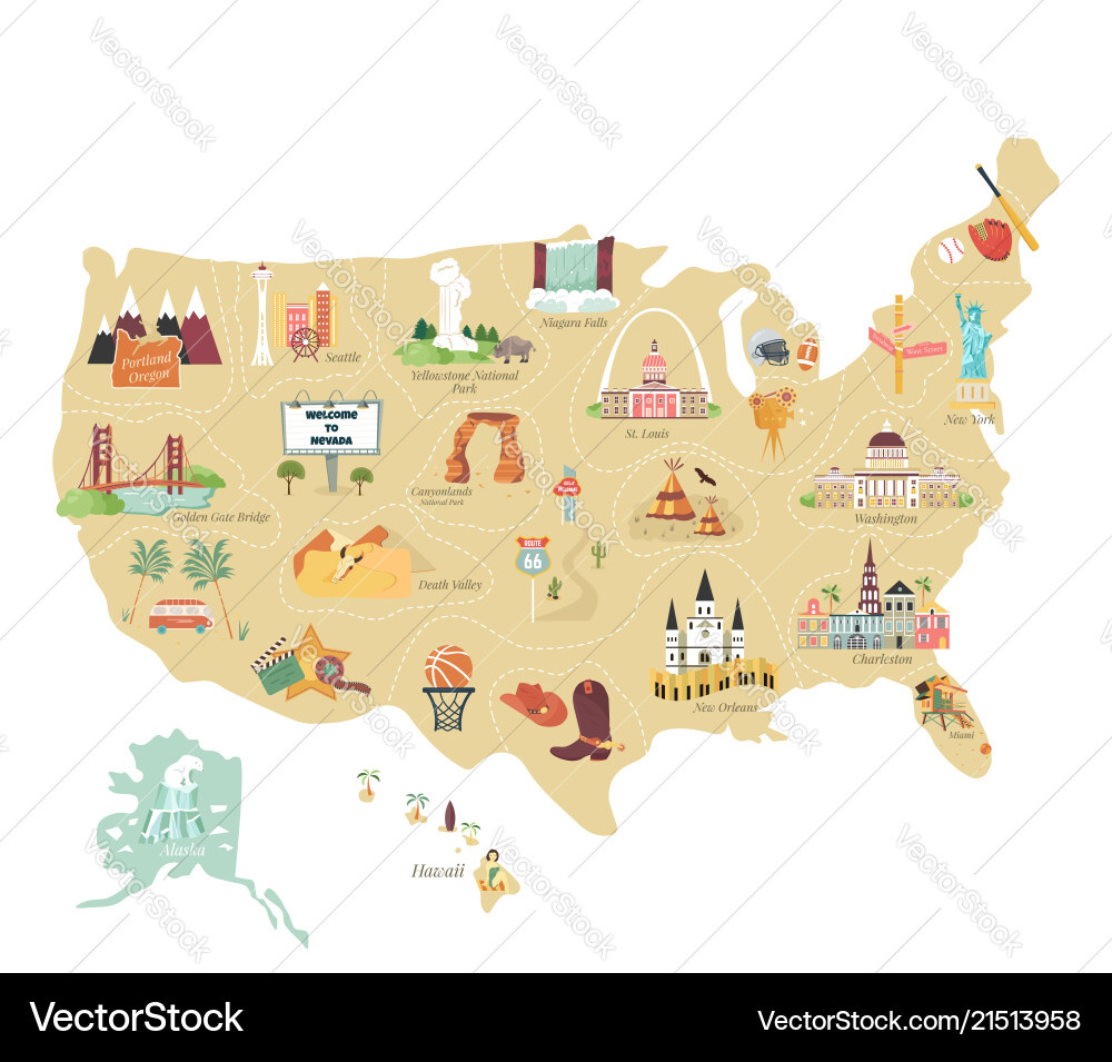 Usa Touristische Karte - Sehenswürdigkeiten Vektorbild pertaining to Map of USA with Famous Landmarks
