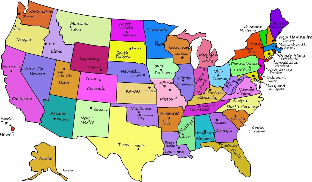 Vereinigte Staaten Karte Mit Kapitallen Glänzendes Poster Bild Banner Druck Foto in Map Of The Usa With States And Capitals