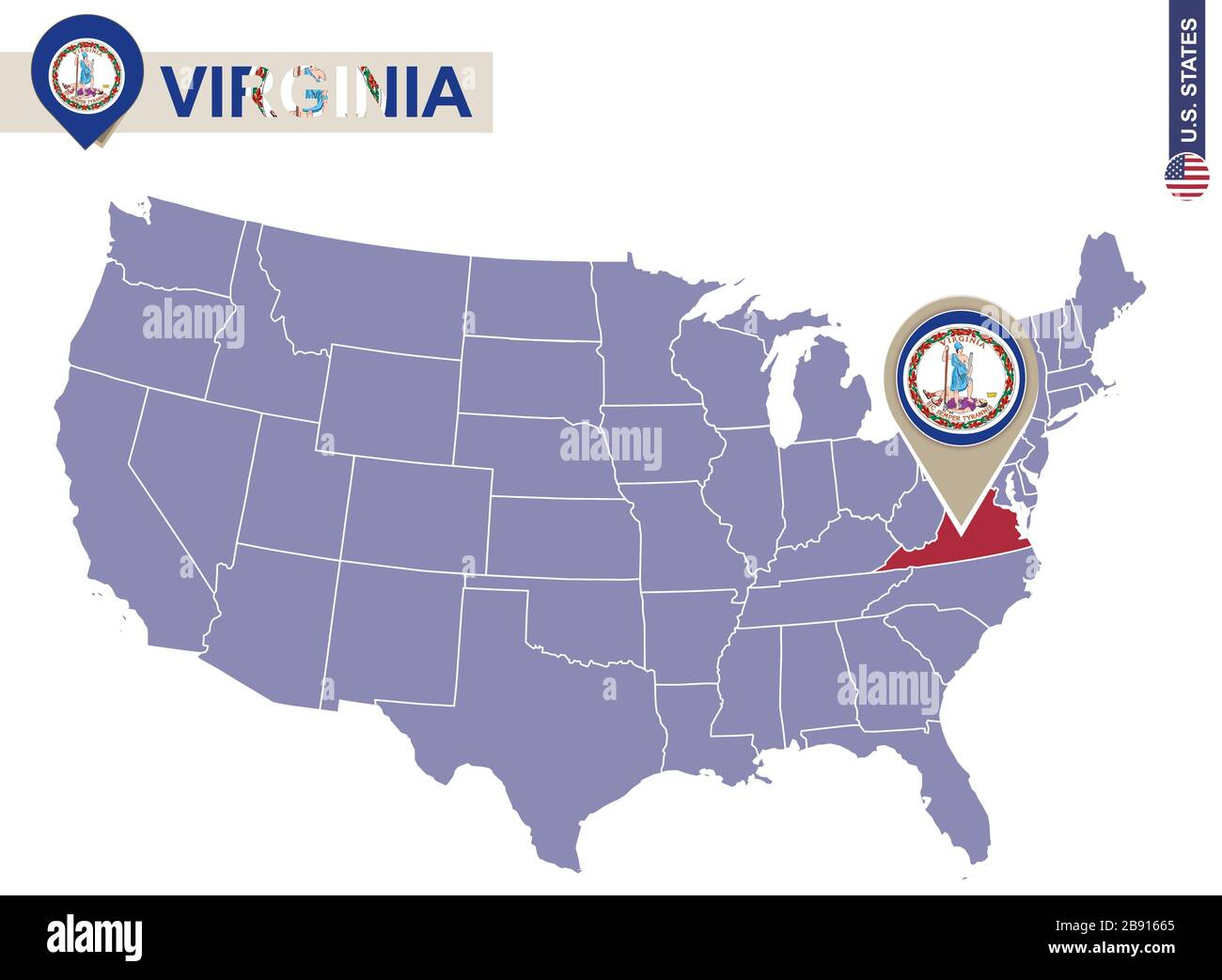 Virginia State On Usa Map. Virginia Flag And Map. Us States Stock intended for Location Of Virginia In The Usa Map