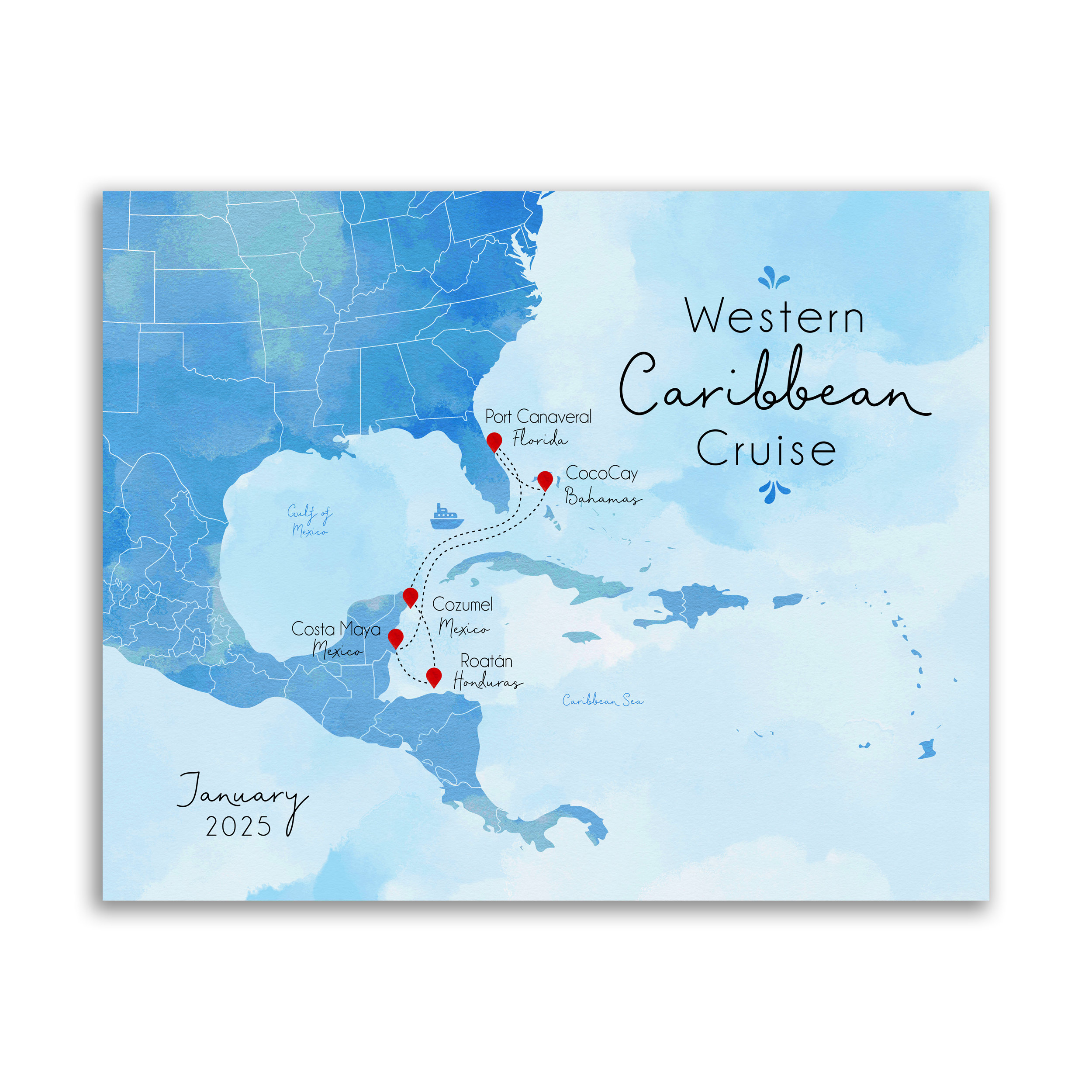 Western Caribbean Cruise Map, Personalized Travel Gift Idea with regard to Map of USA and Cozumel Mexico