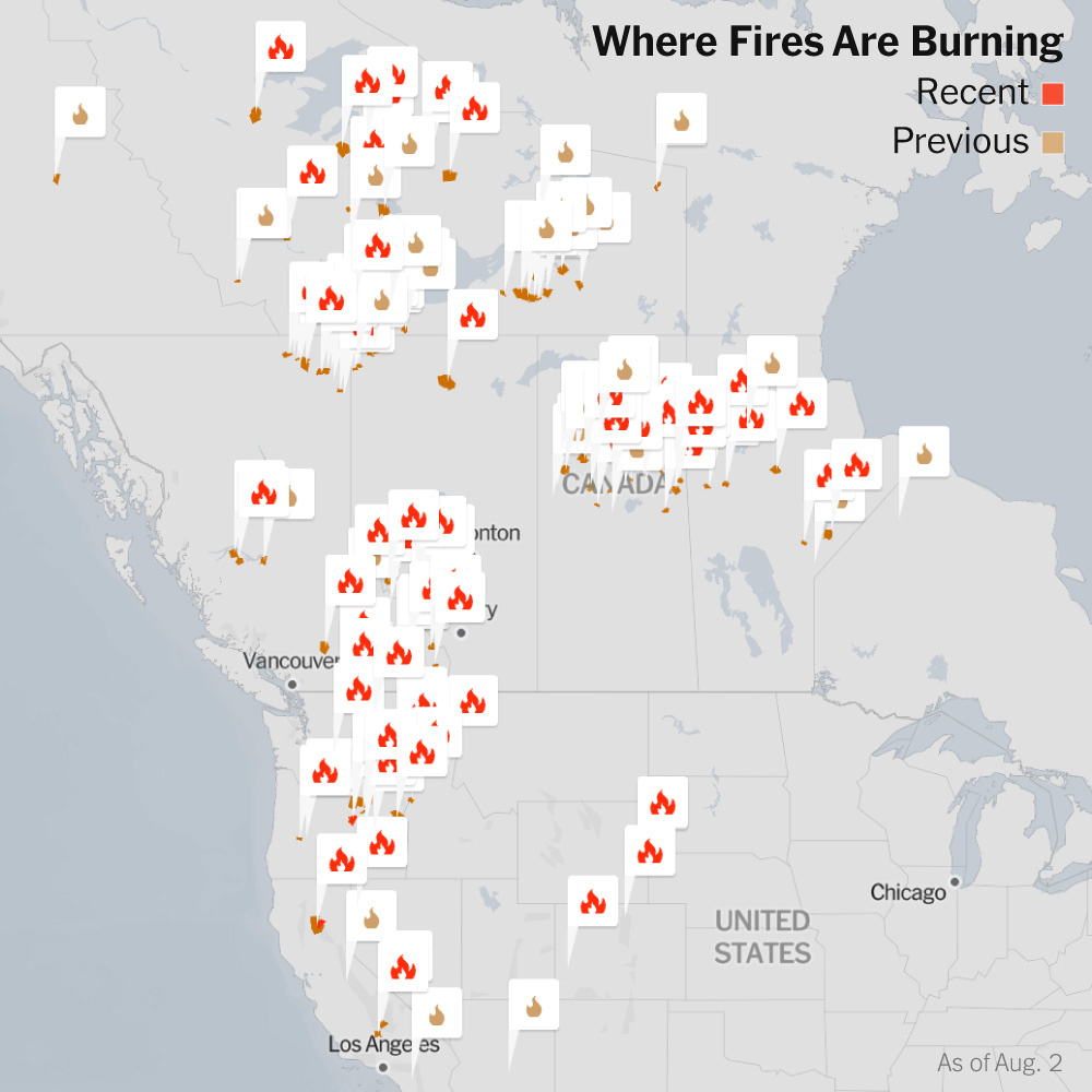 Where Wildfires And Smoke Are Spreading Now - The New York Times with Map of Fires In USA Today