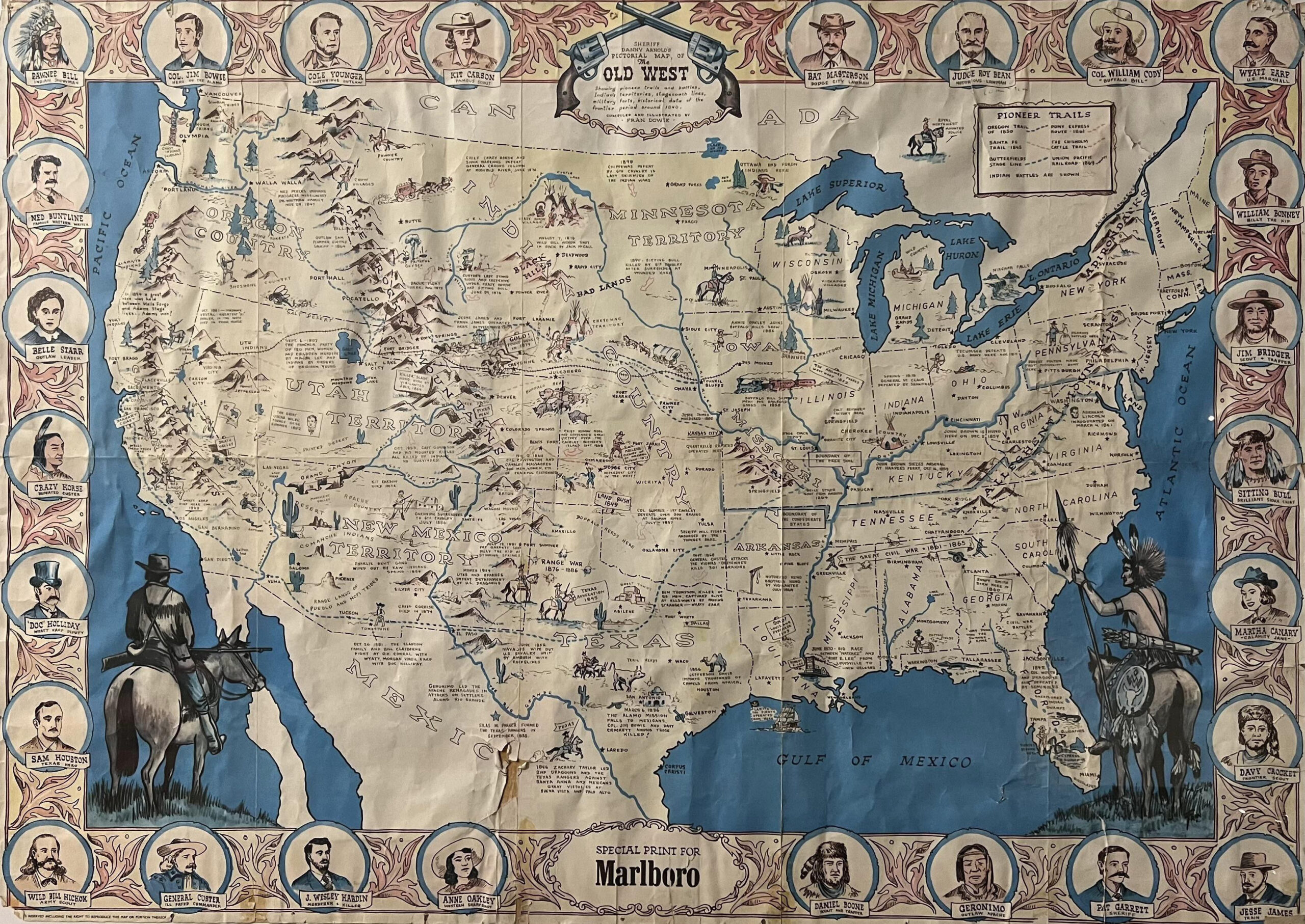 Wild West Themed Map Of The Usa Releasedmarlboro In The 1960S for Map of the Old West USA