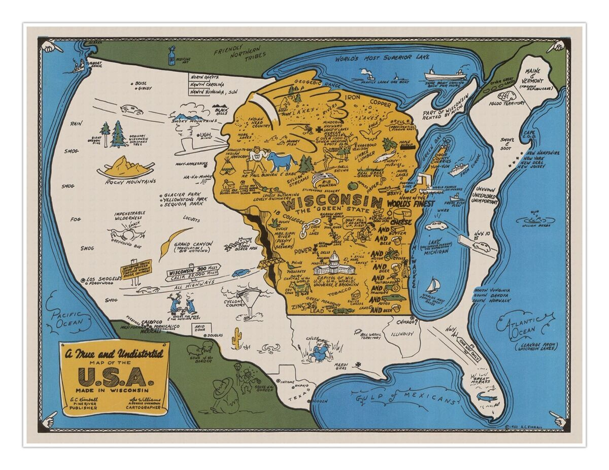 Wisconsin View Map Of The Usa C.1952 | Vintage Style Wall Decor Art Print Poster in A Wisconsinites View of the USA Map
