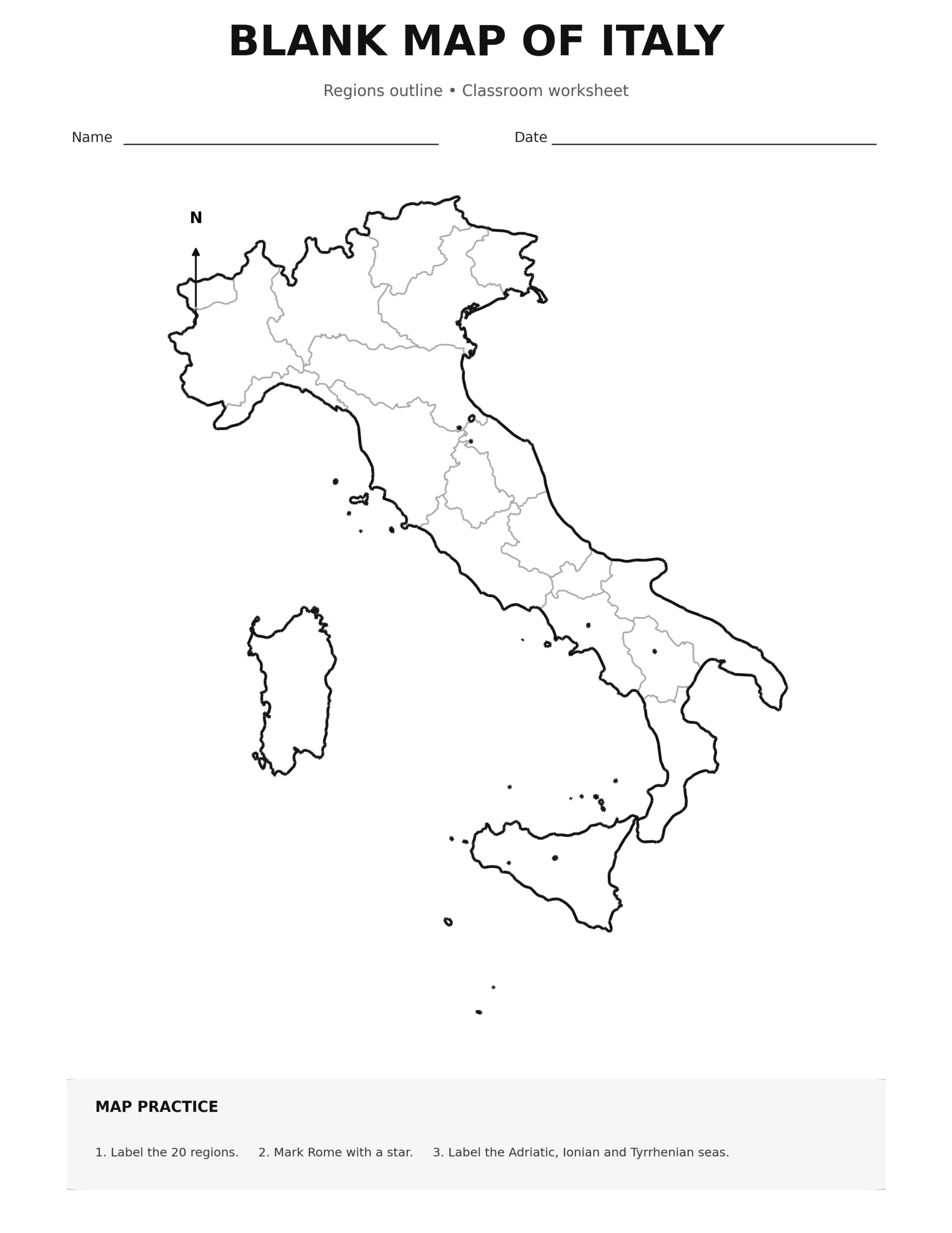 Blank outline map of Italy with Sicily and Sardinia